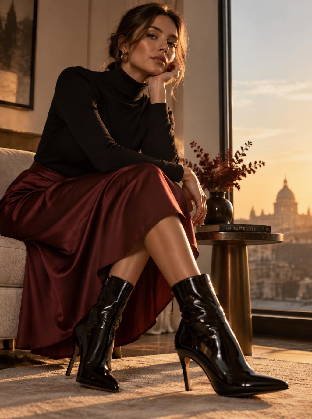 Gonna in raso bordeaux e stivaletti neri in vernice accanto a una finestra all'ora dorata